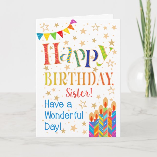 Carte Étoiles, Bunting, Bougies pour Soeur Anniversaire (Devant)