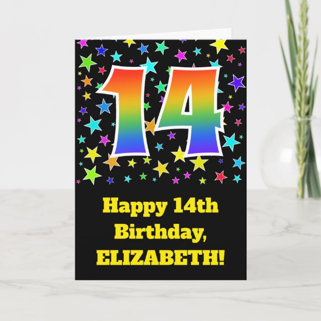 Carte Étoiles colorées + Motif arc-en-ciel "14" Annivers (Devant)