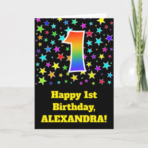 Carte Étoiles colorées + Motif arc-en-ciel "1" Anniversa
