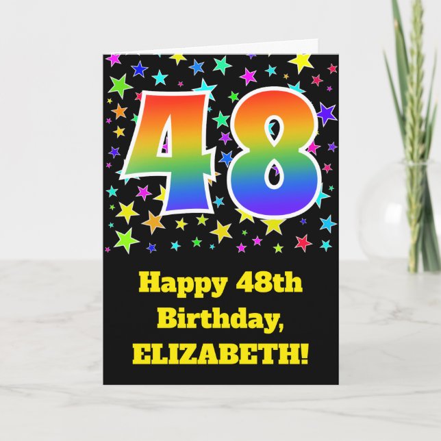 Carte Étoiles colorées + Motif arc-en-ciel "48" Annivers (Devant)