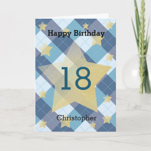 Carte Étoiles d'argent bleu plaid 18e anniversaire