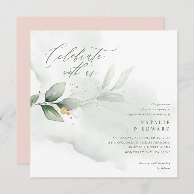 Carte Eucalyptus bleu or rose mariage script éthérique (Devant / Derrière)