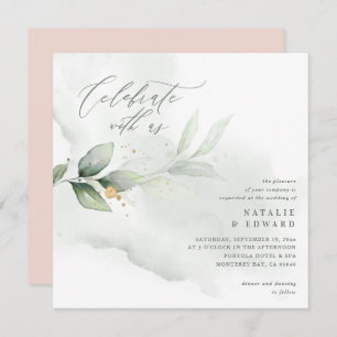 Carte Eucalyptus bleu or rose mariage script éthérique