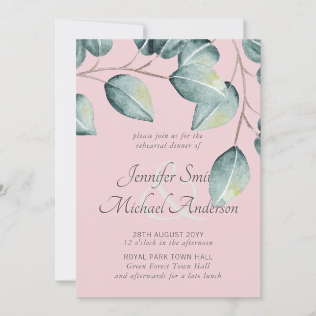Carte Eucalyptus Vert bleu rose bleu Mariage (Devant)
