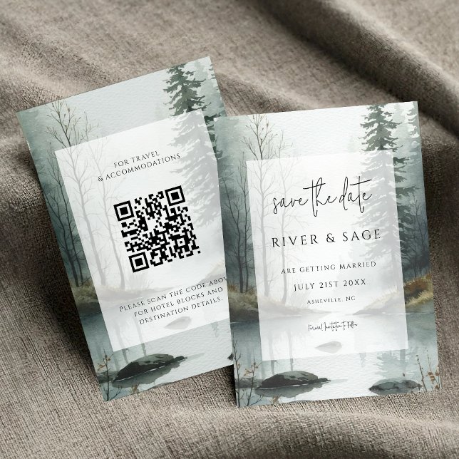 Carte Evergreen Mist | Rustic Forest QR Save the Date (Créateur téléchargé)