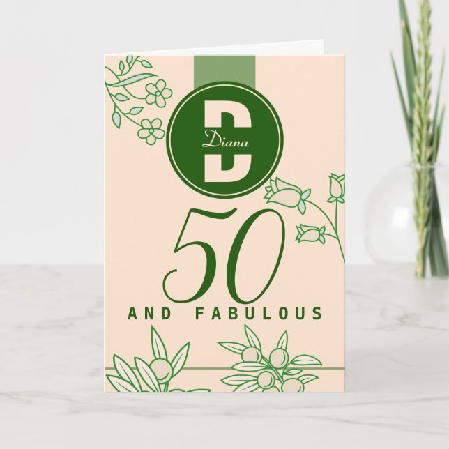 Carte Fabuleux 50e anniversaire Monogramme Floral Vert&B (Devant)