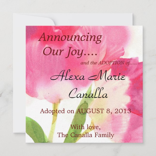 Carte Faire-part d'adoption de la tulipe rose (Devant)