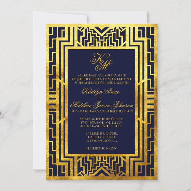 Carte Faire-part de mariage Art Déco Gatsby Gold N (Devant)
