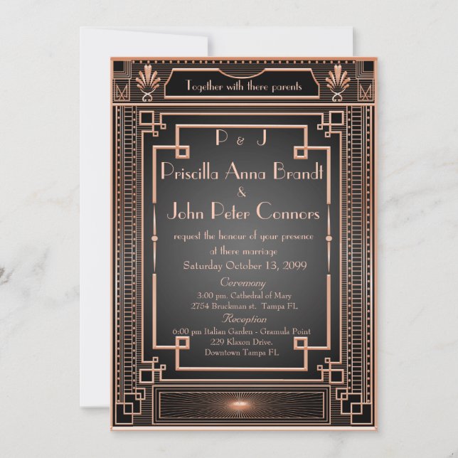 Carte faire-part de mariage, Art Déco, noir, or ro (Devant)