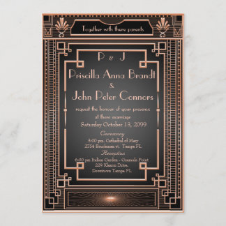 Carte faire-part de mariage, Art Déco, noir, or ro
