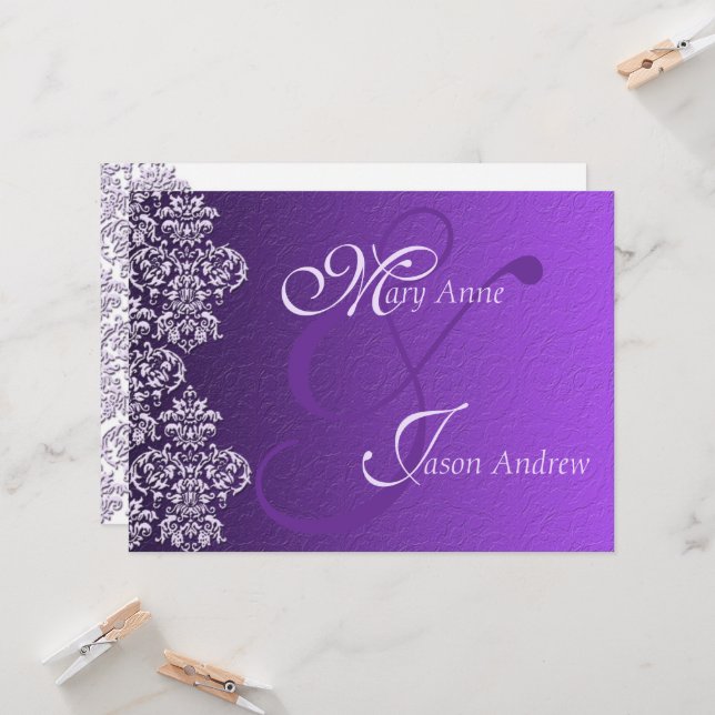 Carte Faire-part de mariage Damask Royal Purple (Devant/Arrière en situation)
