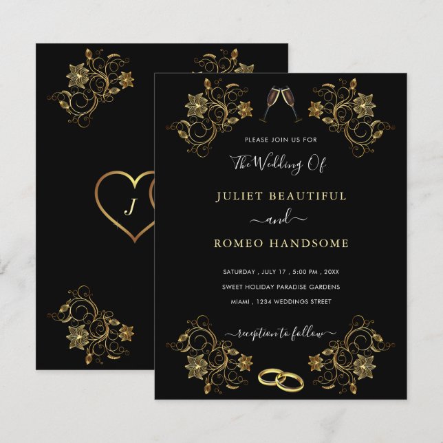 Carte Faire-part de mariage de conception Gold Bla (Devant / Derrière)