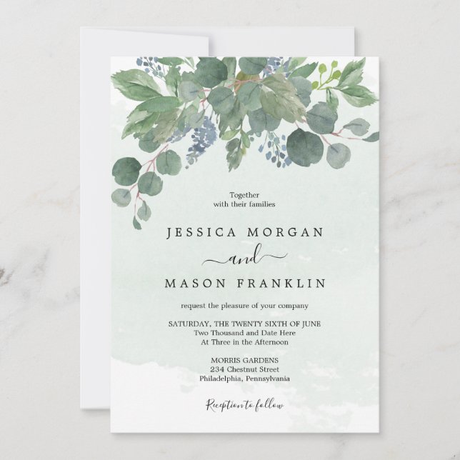 Carte Faire-part de mariage Dusty Blue Eucalyptus (Devant)
