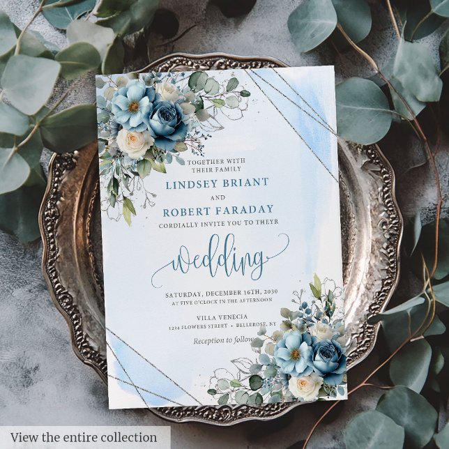 Carte Faire-part de mariage Dusty Blue Silver (Luxury Dusty Blue Silver Wedding Invitation Card)