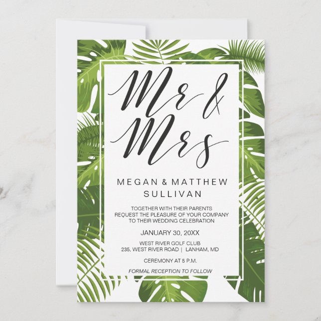 Carte faire-part de mariage feuille verte| M. et M (Devant)