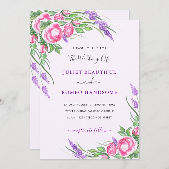 Carte Faire-part de mariage Fleurs aquarelles (Devant / Derrière)