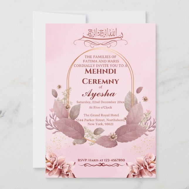 Carte Faire-part de mariage islamique Mohndi rose (Devant)