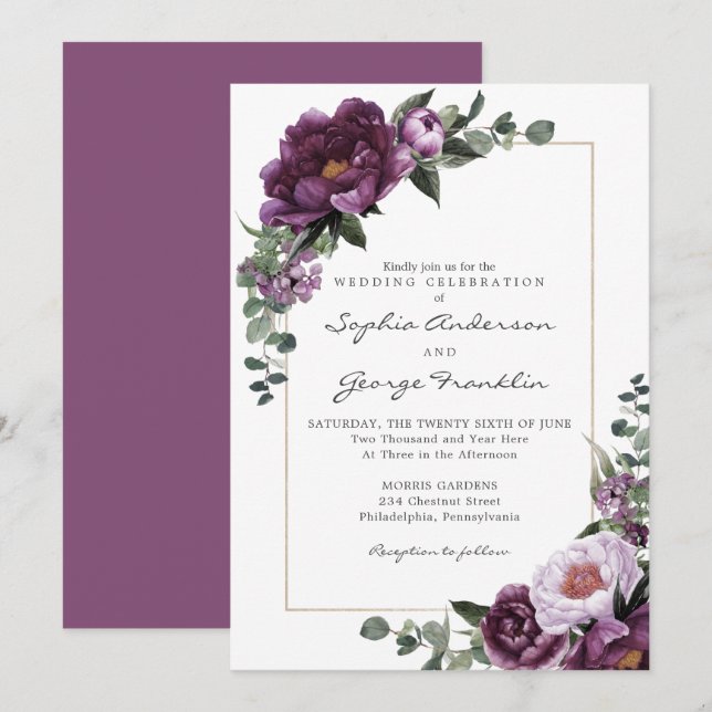 Carte Faire-part de mariage Plum Peonies (Devant / Derrière)