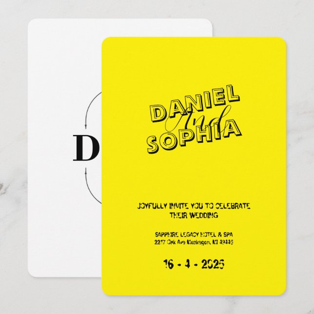 Carte faire-part de mariage rétro jaune (Devant / Derrière)
