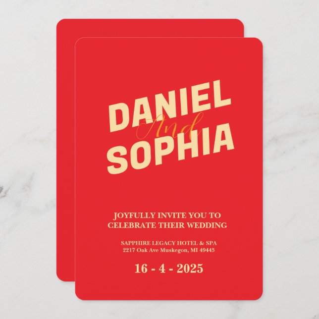 Carte faire-part de mariage rétro rouge (Devant / Derrière)