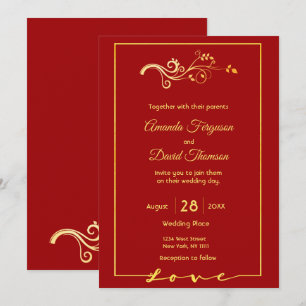 Carte faire-part de mariage rouge au décor faux or