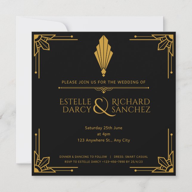 Carte faire-part de mariage simple en noir et or (Devant)