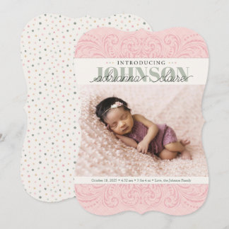 Carte Faire-part de naissance bébé, vert rose élég