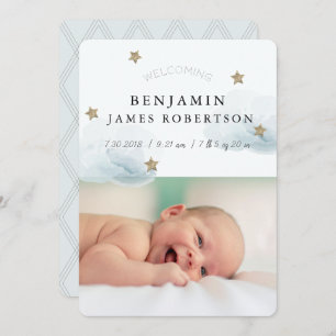 Carte Faire-part de naissance bleue Stars & Clouds