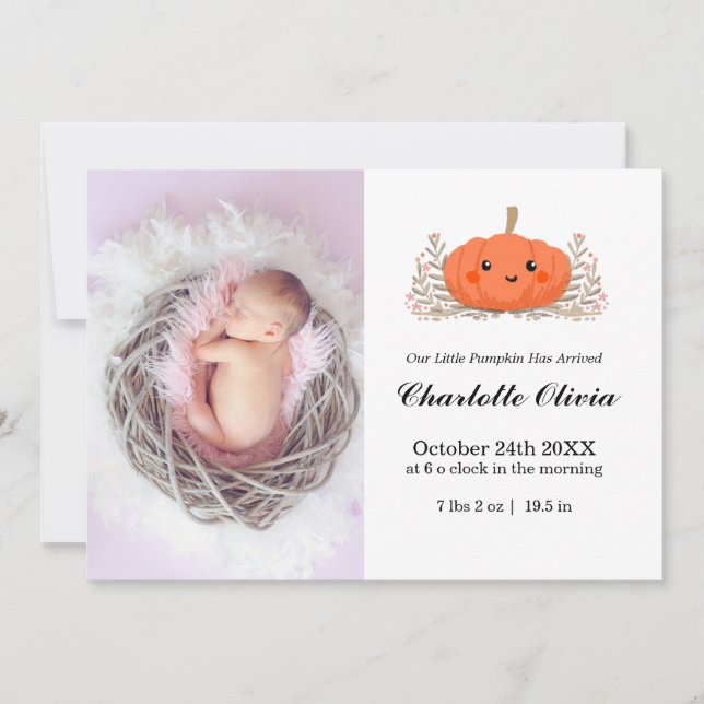Carte Faire-part de naissance citrouille pour bébé (Devant)