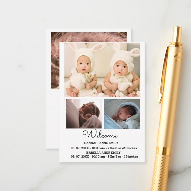 Carte Faire-part de naissance jumeaux | photo de n (Devant/Arrière en situation)