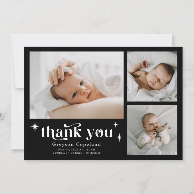 Carte Faire-part de naissance noire Retro Stars Bo (Devant)