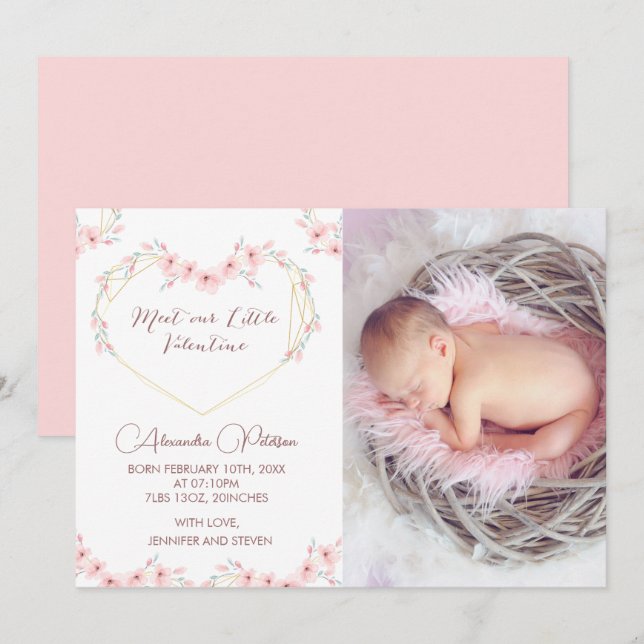 Carte faire-part de naissance Valentines Elégant b (Devant / Derrière)