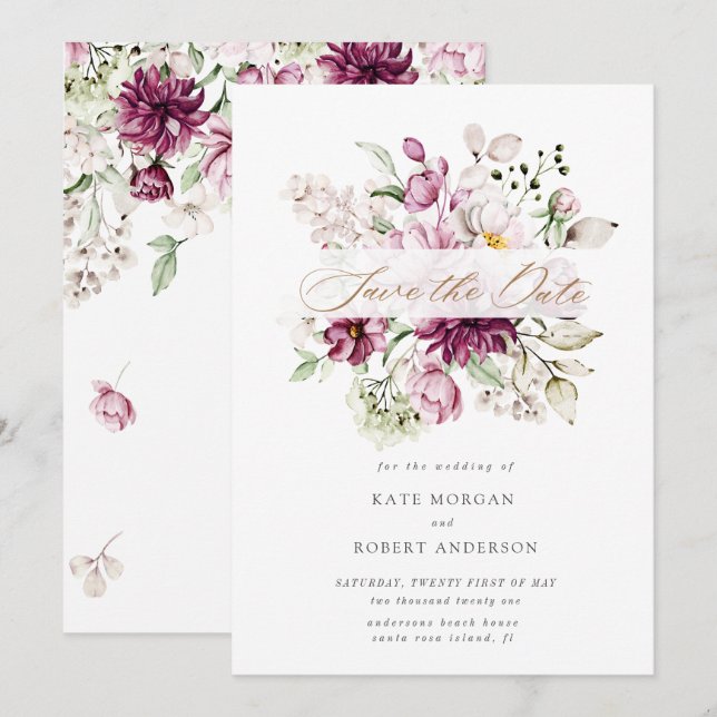 Carte faire part floral aquarelle burgundy de mariage (Devant / Derrière)