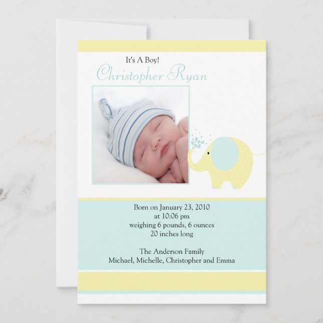 Carte Faire-part photo Blue Elephant Baby Boy (Devant)
