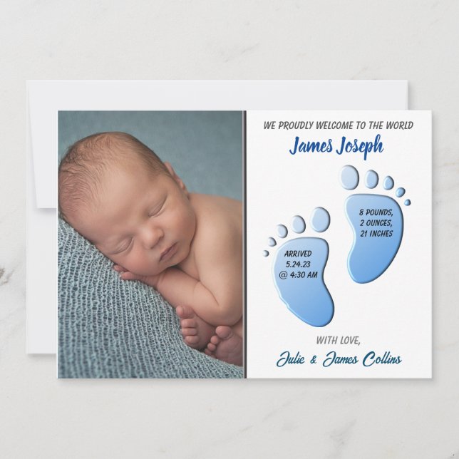 Carte Faire-part plat pour bébé garçon pieds (Devant)
