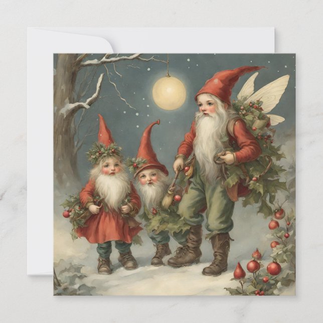 Carte Fairy Tale Christmas Gnome Family in Winter Forest (Devant)