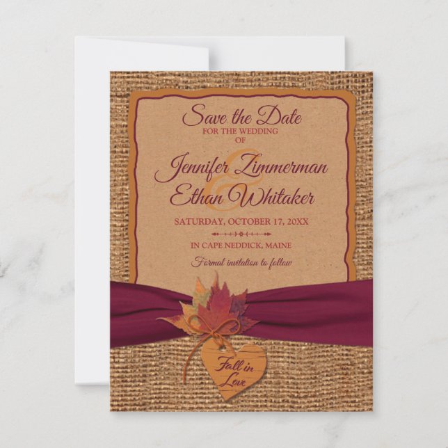 Carte Fall in Love Burlap, Mariage Feuille Enregistrer l (Devant)
