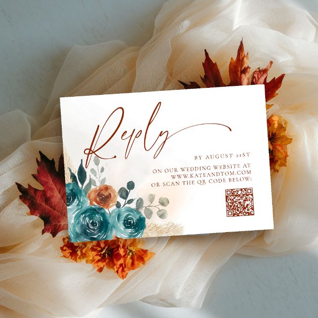 Carte Fall in Love Turquoise Burnt Orange Boho QR Reply  (fall in love wedding reply rsvp teal burnt orange terracotta watercolor floral botanical earthy chic)