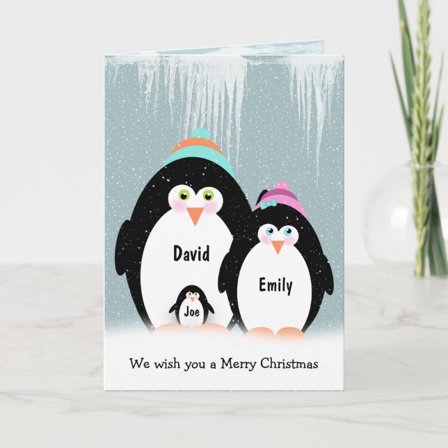 Carte Famille de manchots de Noël avec bébé (Devant)