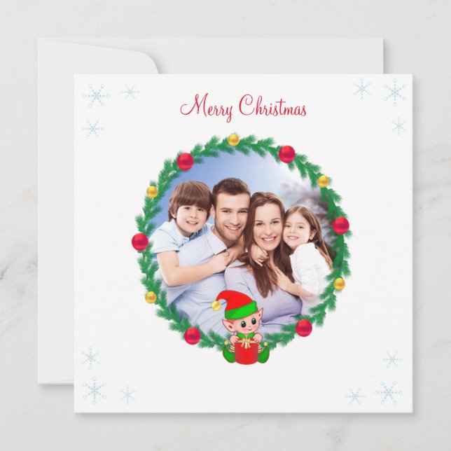 Carte Famille sur mesure, Pine Wreath & Cute Elf Christm (Devant)