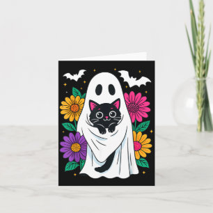 Carte Fantôme floral effrayant tenant un chat noir Hallo