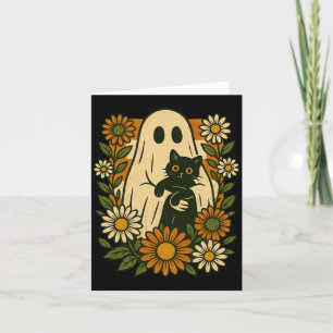 Carte Fantôme mignon tenant un chat noir floral groovy d