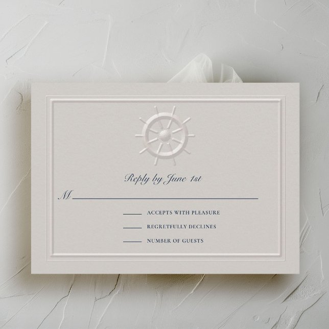 Carte Faux Embossé Helm Mariage côtier Réponse (nautical wedding rsvp card faux embossed boat helm double frame modern classic navy ivory)