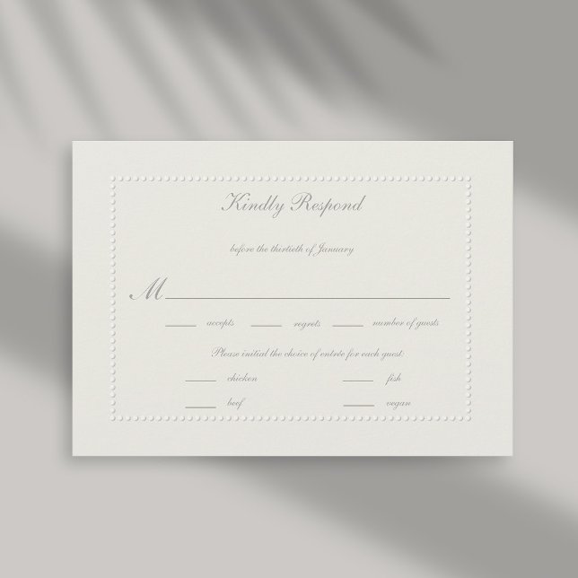 Carte Faux Embossés Écru Formel Mariage Repas RSVP (formal wedding reply card meal choice rsvp response faux embossed beaded frame ecru linen classic)