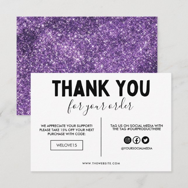 Carte Faux Purple & Black Parties scintillant Merci Médi (Devant / Derrière)