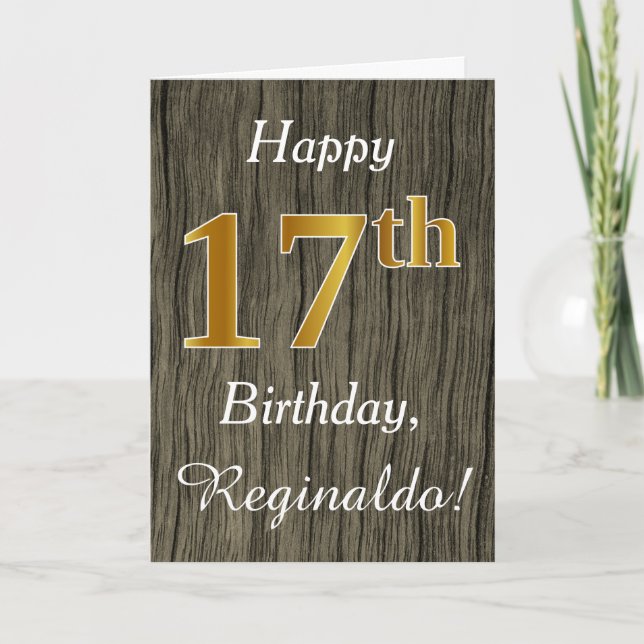Carte Faux Wood, Faux Gold 17e anniversaire + Nom person (Devant)