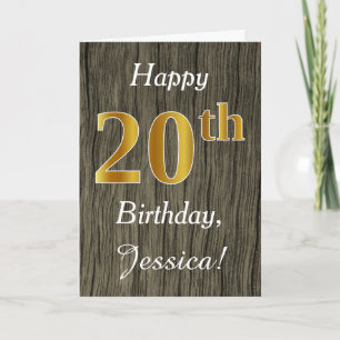 Carte Faux Wood, Faux Gold 20e anniversaire + Nom person