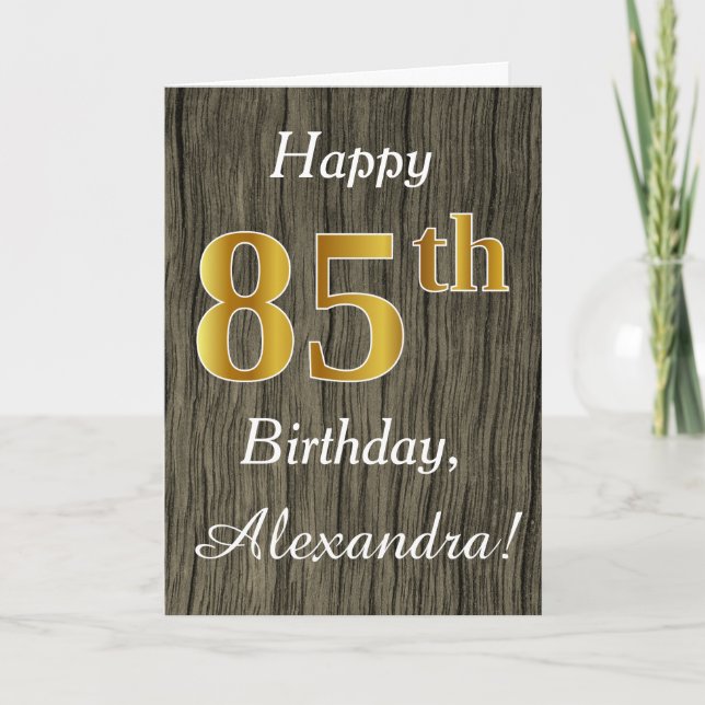 Carte Faux Wood, Faux Gold 85e anniversaire + Nom person (Devant)