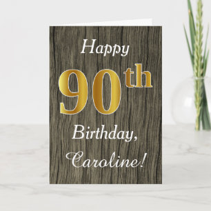 Carte Faux Wood, Faux Gold 90e anniversaire + Nom person