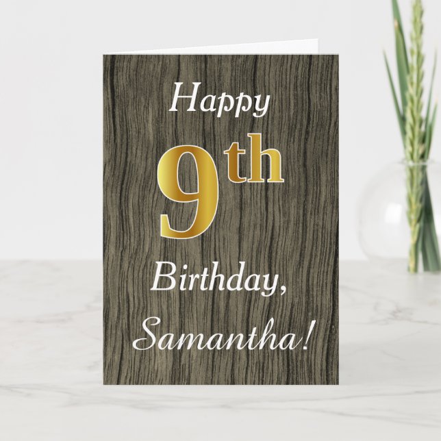 Carte Faux Wood, Faux Gold 9e Anniversaire + Nom personn (Devant)